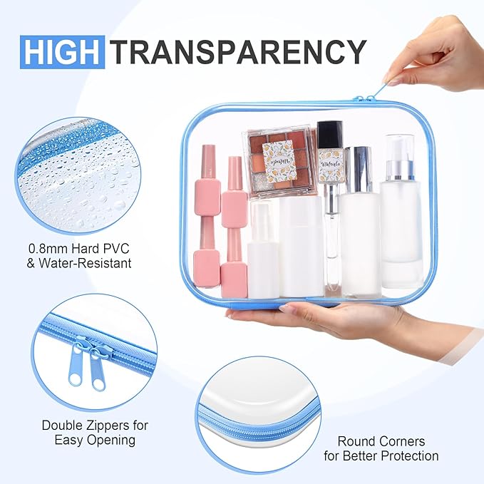 Hoolerry 3 Pcs Clear Hard Zipper Case Hard Plastic Zipper Pouch Makeup Bag Portable Travel Organizer for Cosmetics, Office Supplies, Documents & Toiletries(Blue,M)