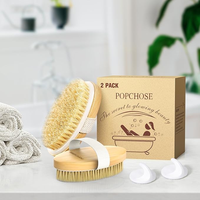 POPCHOSE Dry Brushing Body Brush, 2 Pack Boar Bristle Exfoliating Brush
