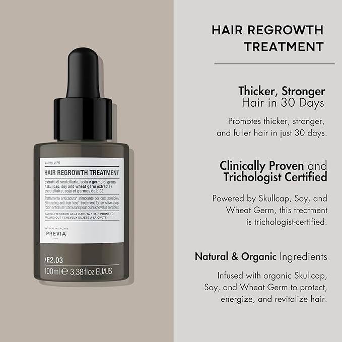PREVIA EXTRA LIFE HAIR REGROWTH TREATMENT | Natural Hair Strengthening Formula with Skullcap Extract Soy & Wheat Germ for Thicker Fuller Hair & Scalp Rejuvenation | 3.38 oz