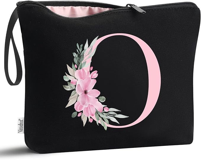 Vavabox A-Z Personalized Makeup Bag, Birthday Gifts for Women Mom, Gifts for Best Friend, Bride Bridesmaid Cosmetic bag (O, 02-Black)