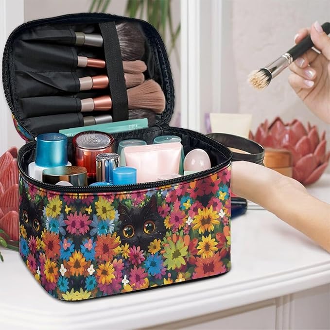 Drydeepin Black Cat Colorful Flowers Pattern Travel Makeup Bag for Women Large Capacity Cosmetic Bag with Zipper and Handle Portable Toiletry Bag Make Up Organizers