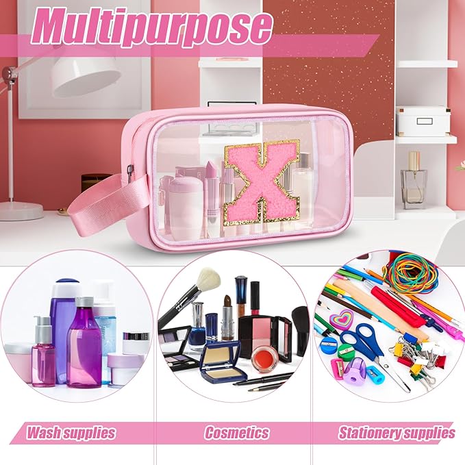 Initial Makeup Bag,Letter X Cute Clear Monogrammed Cosmetic Travel Bag for Womens Girls,Personalized Pink Aesthetic Traveling Make Up Organizer Bag for Beach,Waterproof Toiletry Bag