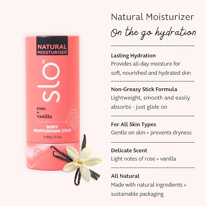 Slo Moisturizing Stick - Solid Body Balm with Organic Ingredients - Hydrates & Nourishes - Cocoa Butter, Coconut Oil and Vitamin E - Travel-Friendly Lotion Stick - Rose + Vanilla Scent, (2.1 oz/60g)