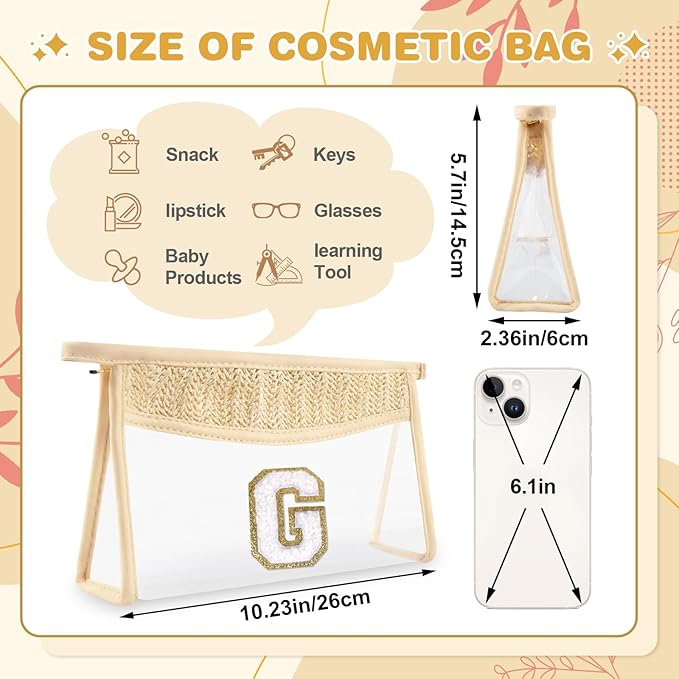 UIXIZQ Personalized Initial Letter Bag Boho Straw Clear Makeup Bag,Small Cute Chenille Varsity Letter Bag With Zipper,Beach Travel Toiletry Bag,Portable Monogrammed Cosmetic Bag for Women Girls,G
