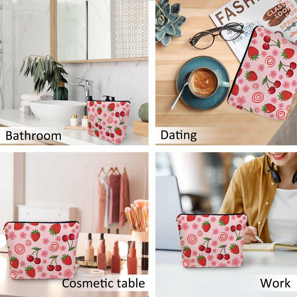 Kalygon Strawberry Makeup Bags Makeup Organizer, Summer Strawberries Cherries Pink Flax Toiletry Bags Travel Cosmetic Bag Makeup Purse Pouch Skincare Bag Wallet Bags For Women Female Mom Daughter