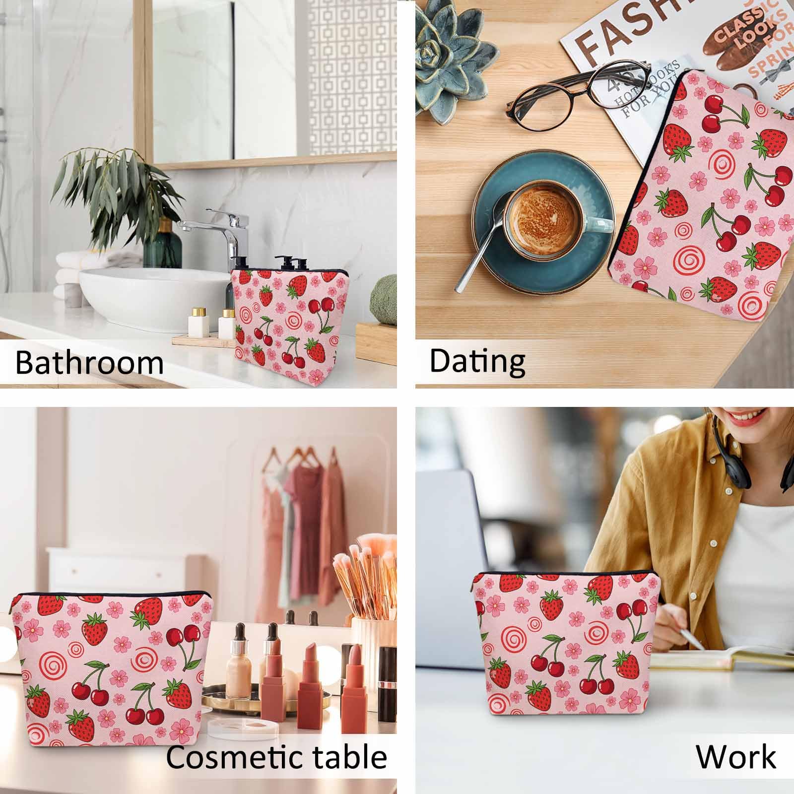 Kalygon Strawberry Makeup Bags Makeup Organizer, Summer Strawberries Cherries Pink Flax Toiletry Bags Travel Cosmetic Bag Makeup Purse Pouch Skincare Bag Wallet Bags For Women Female Mom Daughter