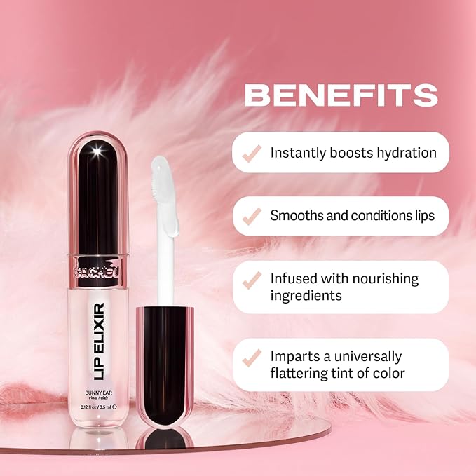 Sacheu Lip Elixir Hydrating Lip Gloss, High-Shine, Bunny Ear (Clear)