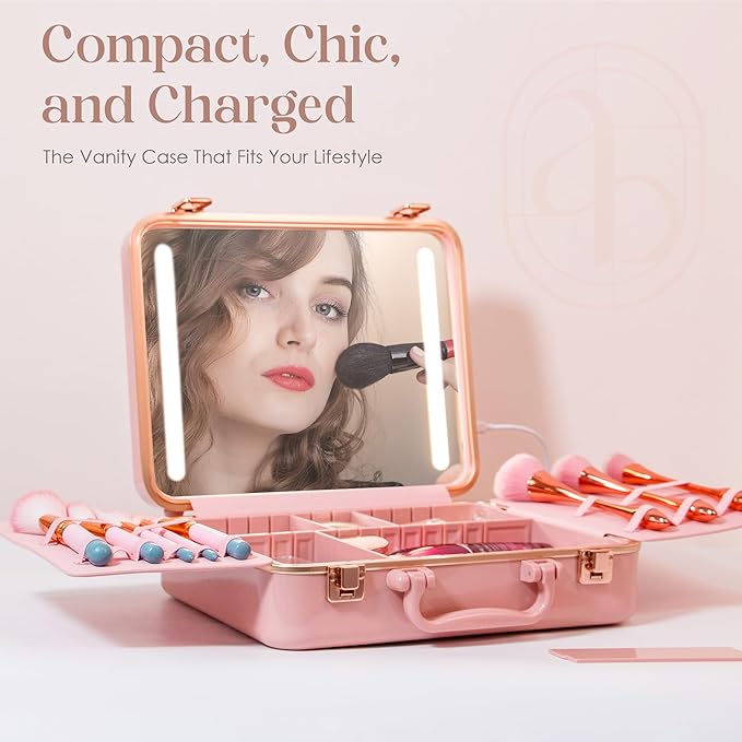 Air Makeup Beauty Box - Make up Bag with LED Lighted Mirror, Professional Mini/Large Cosmetic bag Organizer - Portable Vanity & Makeup Case for Travel (Beauty Box, Blush Pink)