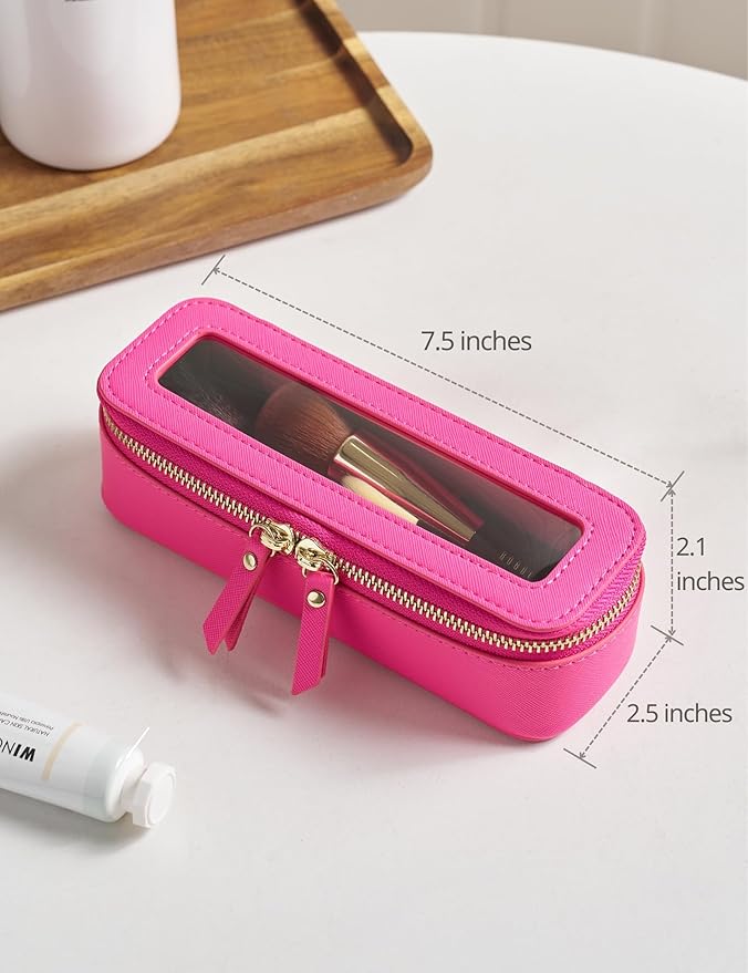 Popvibe Slim Makeup Brush Bag Travel Clear Toiletry Bag for Women Cute Make Up Bag for Traveling Cosmetic Bag Organizer Waterproof Tansparent Beauty Makeup Case Hot Pink