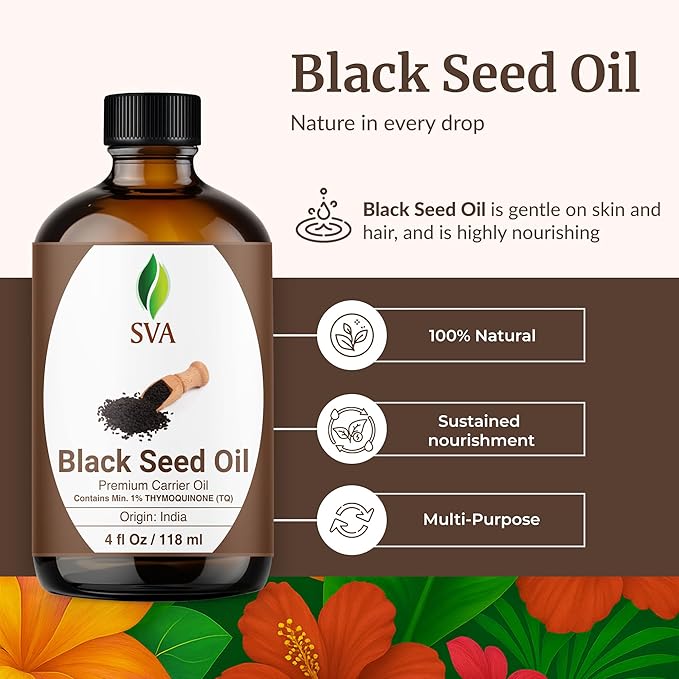 SVA Black Seed Oil - 4 Fl Oz - for Face, Skin Care, Hair Care, Scalp Massage & Body Massage – Carrier Oil with Dropper