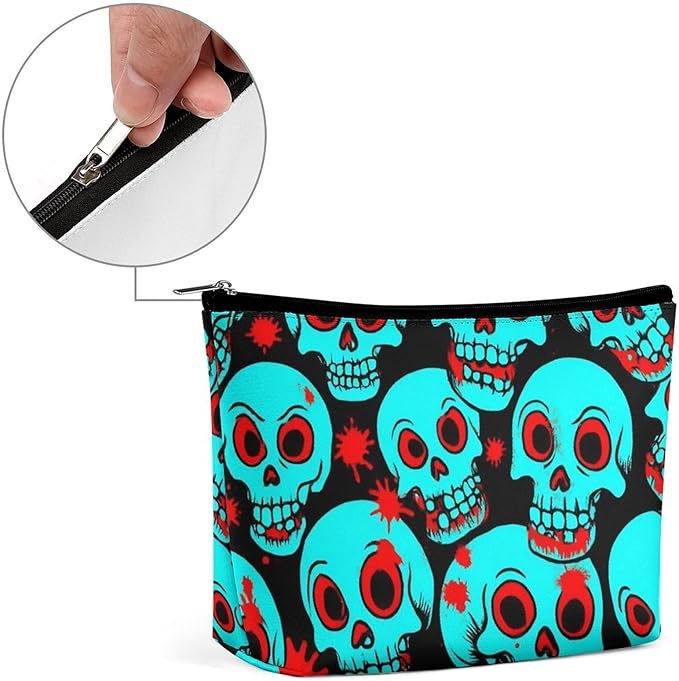 Meaudiwes Women's Fashion Zipper Cosmetic Case, Portable Makeup Case, Personality Toiletry Bag, Travel Cosmetic Toiletry Bag Halloween Cool Red Blood Zombie Skull