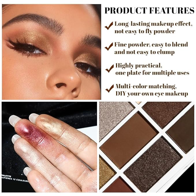 JUAAZIN 12 Colors Matte Shimmer Eyeshadow - Cool-toned Eyeshadow Palette, Long-Lasting Waterproof Crease-Proof Pigmented, Built-In Mirror, Vegan Cruelty-Free for Daily & Glam Makeup Looks 01#
