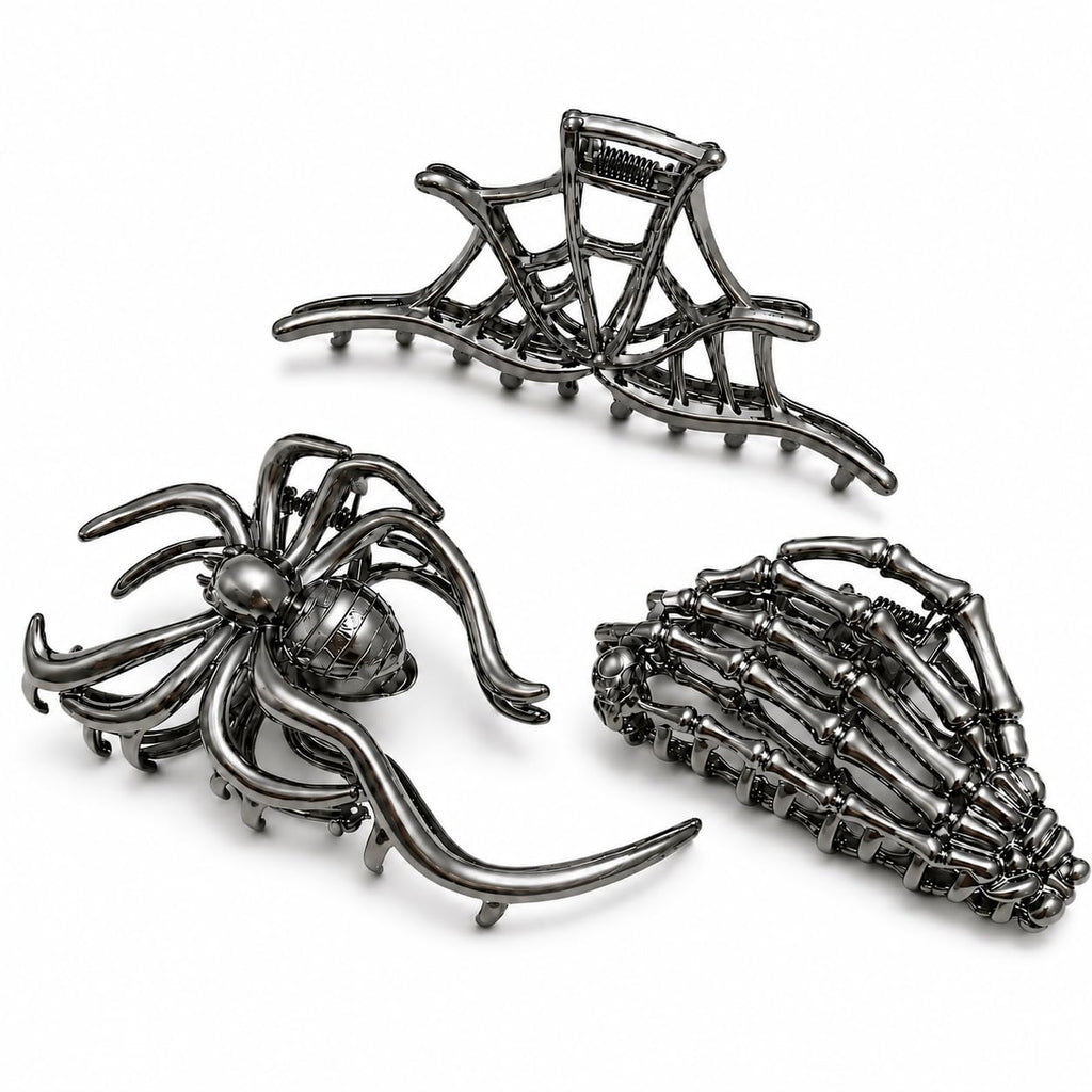 Parcce 3 Pieces Large Metal Spider Net Hand Hair Claw Clips for Women and Girls Thick Long Hair, Nonslip Skeleton Spooky Barrette Headband Hair Styling Accessories for Halloween