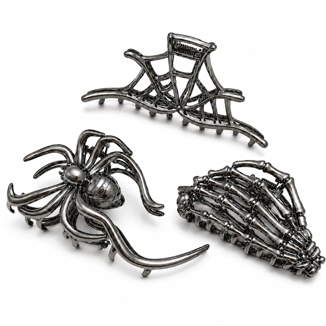 Parcce 3 Pieces Large Metal Spider Net Hand Hair Claw Clips for Women and Girls Thick Long Hair, Nonslip Skeleton Spooky Barrette Headband Hair Styling Accessories for Halloween