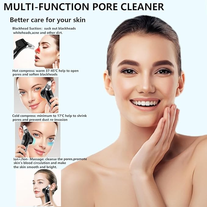 SJIE Blackhead Remover Vacuum Face Suction Pore Cleaner with Hot&Cold Compress Positive&Negative Ion Massage Nose Whitehead Remover Pimple Sucker with 5 Probes Pore Extractor Tool… (Black)