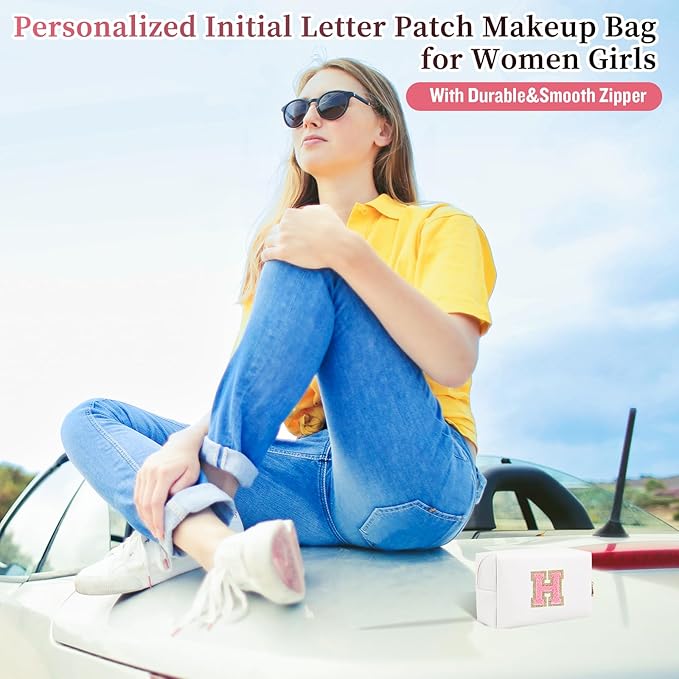 Iqimott Personalized Initial Letter Patch Makeup Bag, Preppy Portable Chenille Letter Cosmetic Bag with Zipper, PU Leather Waterproof Travel Toiletry Bag Monogram Make Up Pouch Girls(Letter H)
