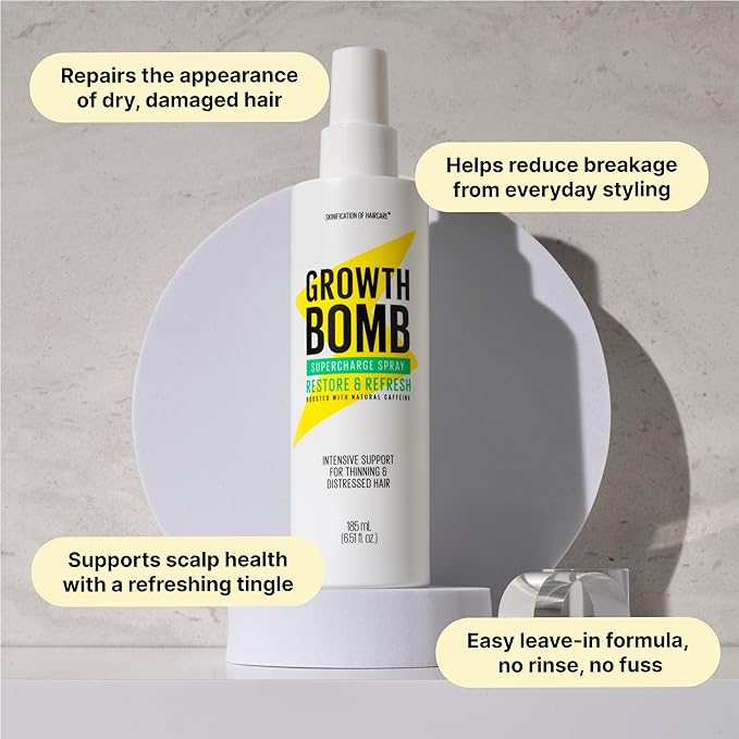 Growth Bomb Supercharge Spray - Leave in Conditioner Spray, Detangler & Scalp Treatment Spray for Curly, Straight, Wavy, Dry, Frizzy Hair, Lightweight Hydration to Support Healthy Growth - 185 mL