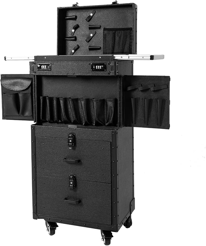 REHOUPTU Large Capacity Cosmetic Train Case, Lockable Makeup Train Case with 4 Universal Casters, 32.28 Inch Tall Travel Organizer Tool Box for Barber Stores Beauty Stores Nail Salons