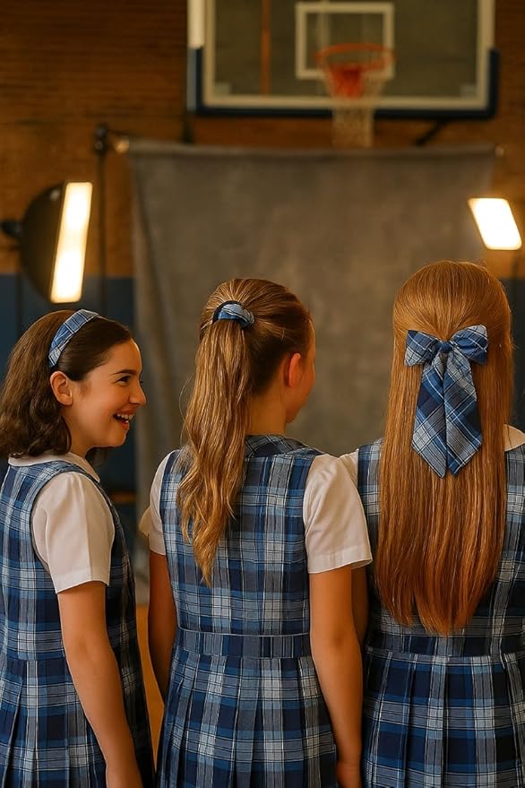 ClassExceed School Uniform Plaid, Plaid Scrunchie, Back to school, handmade school uniform hair accessories (Lt blue white Navy Plaid76)
