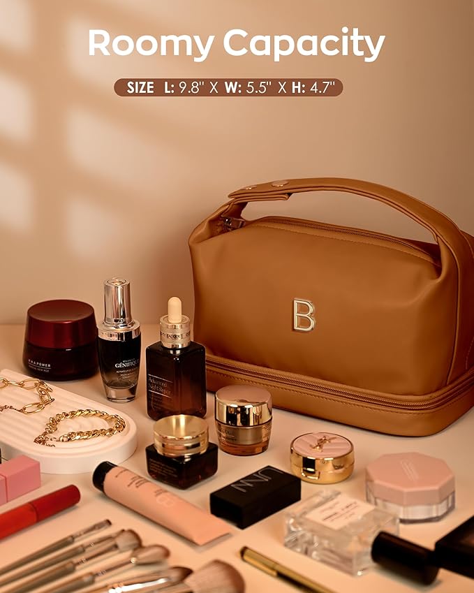 Women Gift Ideas, Personalized Makeup Bag with Handle, Initial Double Layer Cosmetic Bag with Makeup Brush Organizer, Cute Cosmetic Pouch for Women, Gifts for Friends Female Mom