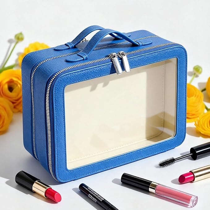 idoltimes Clear Makeup Bag,Large Toiletry Case for Women,PU Leather Travel Cosmetic Bag,Detachable Makeup Case,Double Compartment Make up Organizer
