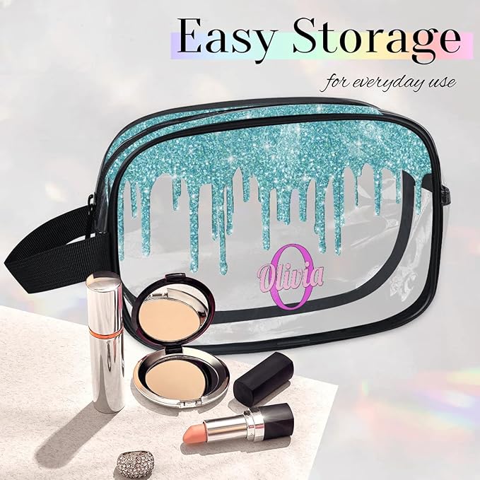 KFNHN Custom Transparent Travel Toiletry Bag for Women, PVC Large Makeup Bag, Cosmetic Bag, Comestic Essentials for Women, Water Flow Shape Aqua Blue Shiny Glittering