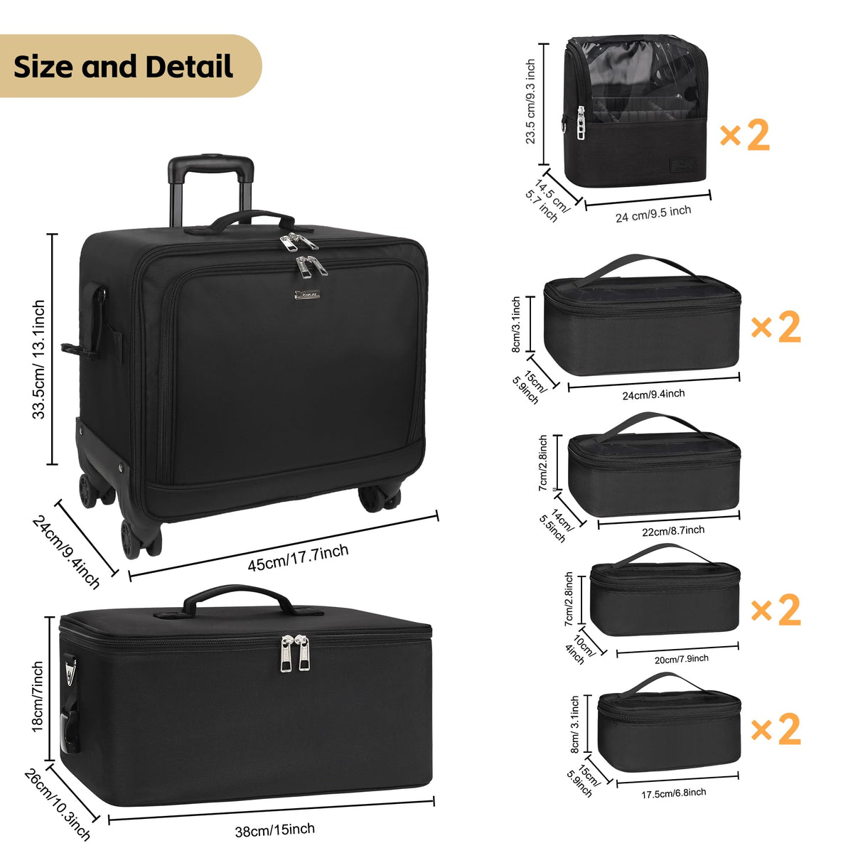 TANTO Rolling Makeup Train Case, Pro Cosmetology Case on Wheels 4 in 1