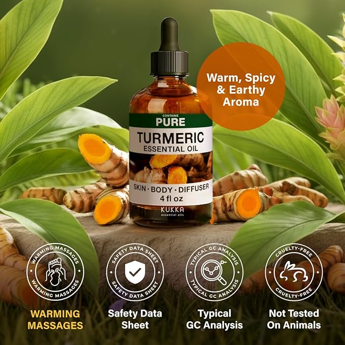 100% Pure Turmeric Oil - 4 Fl Oz Turmeric Essential Oil for Hair, Skin, Diffuser, Aromatherapy & DIY Soap Making Scent