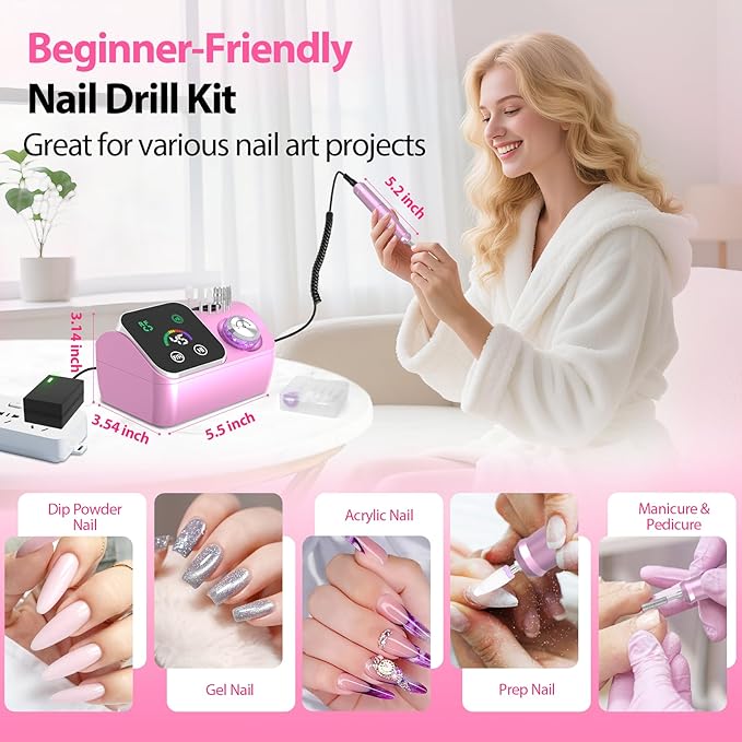 PYVOLA 45000RPM Professional Corded Nail Drill E-File Kit for Salon Home