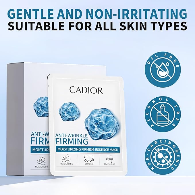 CADIOR Hydrating and Firming Essence Sheet Face Masks with Quadruple Peptide and Sodium Hyaluronate, Moisturizing & Anti-Wrinkle, Safe for Sensitive Skin, Pack of 10