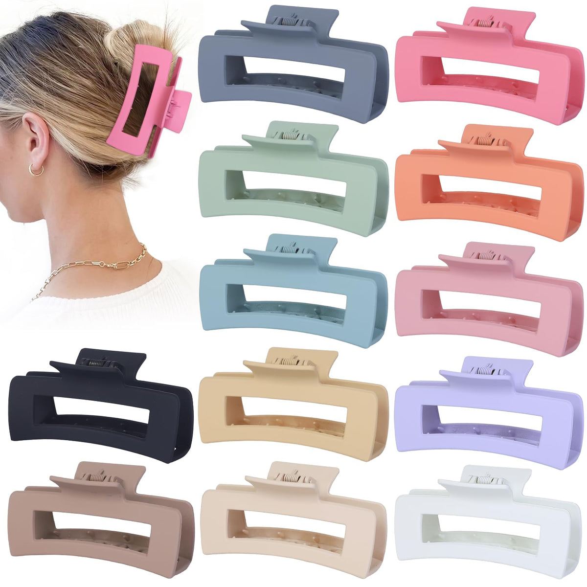 Sisiaipu 4.1 Inch Large Hair Claw Clips 12 Pcs Big Claw for Thick Hair Square Hair Clips Jumbo Jaw Clips Bulk Hair Accessories for women and Girls (Black)