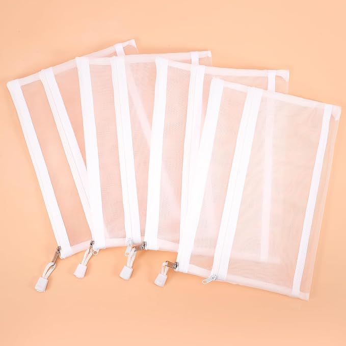 Sinzip 12 Pieces Zipper Nylon Mesh Pouch, Mesh Cosmetic Bags Makeup Bags Pencil Case, Multipurpose Travel Bags for Cosmetic School Office Supplies and Travel Accessories (2 Layers-White, A5)