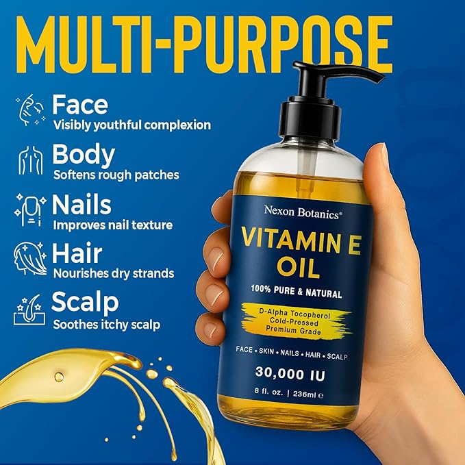 Pure Vitamin E Oil for Skin 30,000 IU, 8 fl oz - Cold-Pressed & Hexane Free