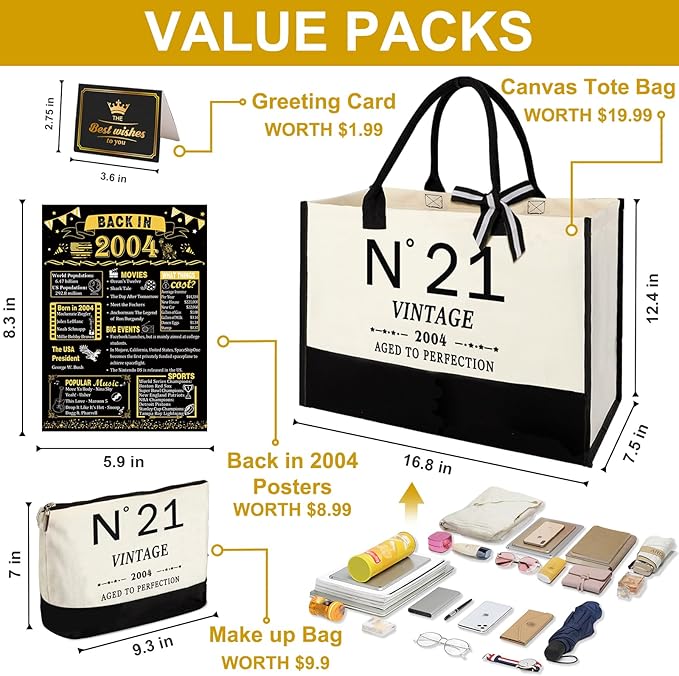 21st Birthday Gift for Women-N°21 Canvas Tote Bag,Makeup Bag,Back in Poster
