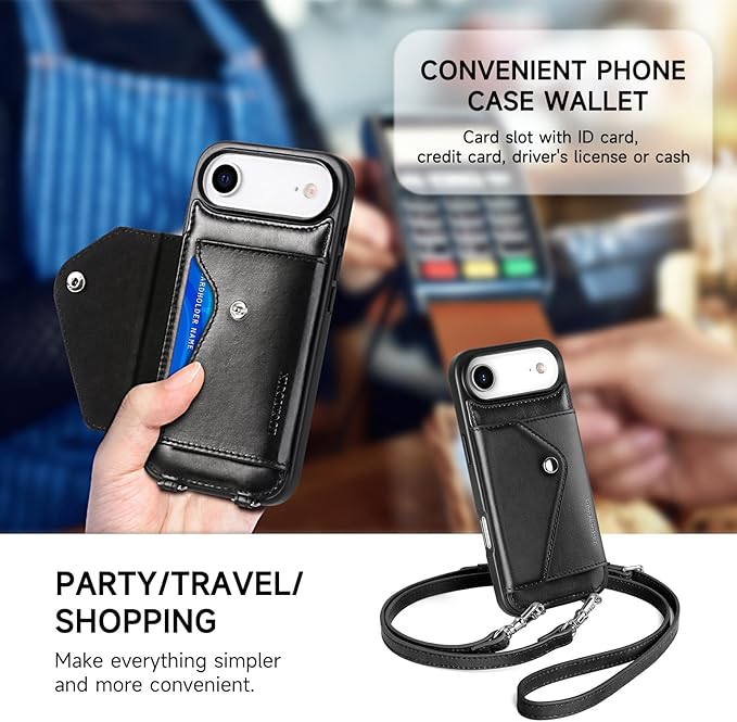 LUCKYCOIN Crossbody Phone Case for iPhone Air,100% Genuine Leather Phone Wallet Case for Women,Fashion Premium Hands-Free Phone Purse with Expandable Flip Card Holder & Adjustable Strap - Retro Black