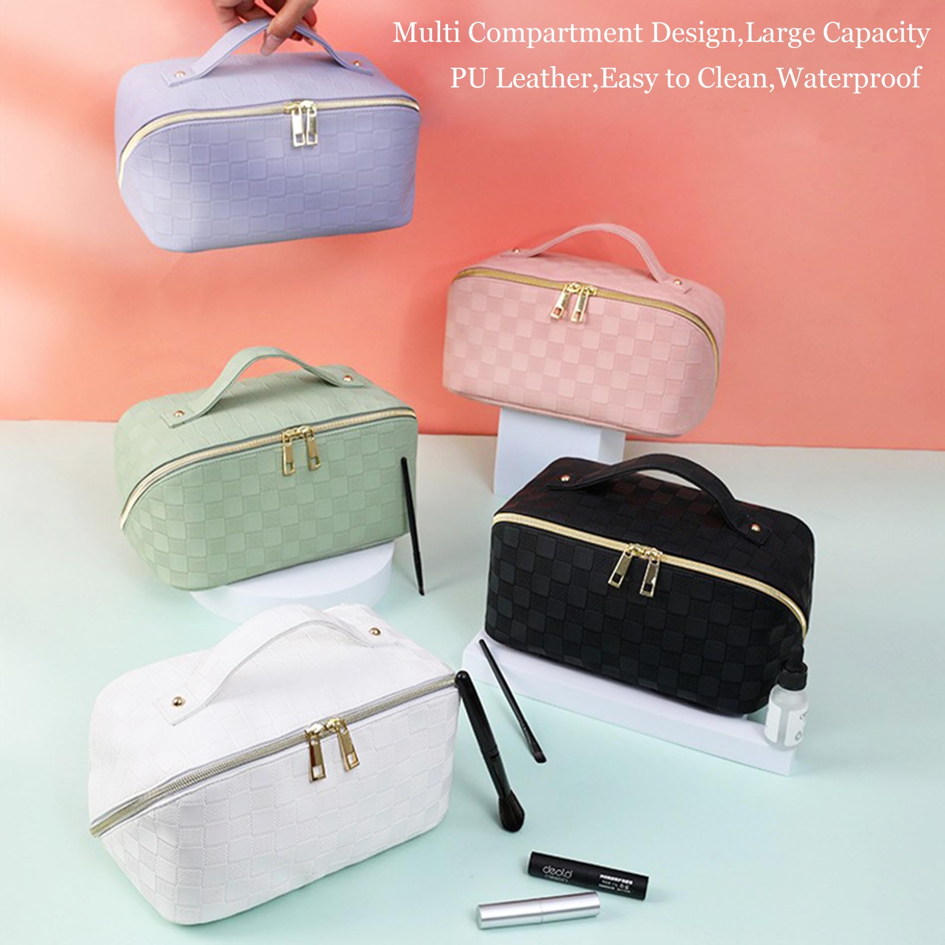 Cosmetic Bag,Travel Makeup Bag, Large Capacity Cosmetic Bags for Women, Waterproof Portable Open Flat Toiletry Bags,Makeup Organizer Bag with Divider and Handle, Pink Cosmetic Pouch Gifts for Women