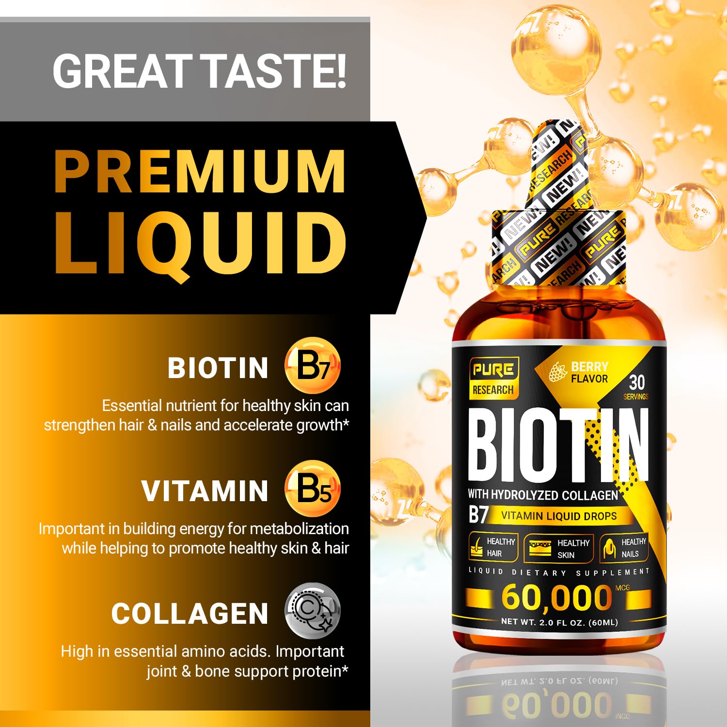 PURE RESEARCH Liquid Biotin & Collagen Hair Growth Drops 60,000mcg – Biotin and Liquid Collagen Supplements for Women & Men – Supports Glowing Skin, Healthy Hair & Nail Growth (2Fl Oz)