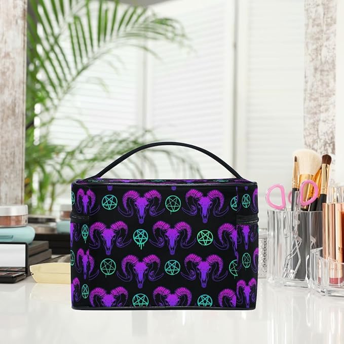 MNSRUU Makeup Bags, Goth Skull Makeup Organizer Bags Toiletry Bag Box Travel Cosmetic Bag Make Up Train Case for Women Teen Girl Ladies