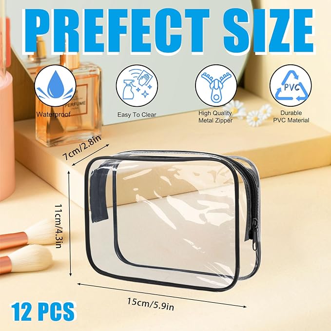 Eilyliafe 12 Pcs Clear Makeup Bag PVC Waterproof Zippered Clear Cosmetic Toiletry Makeup Carry Pouch for Women Men Vinyl Plastic Organizer Case for Vacation Bathroom (Small, Black)