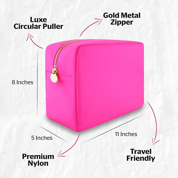 Large Pink Makeup Bag – Nylon Cosmetic Pouch, Travel Makeup Organizer Case, Spacious Makeup Bag for Toiletries, Beauty Essentials & Cosmetics