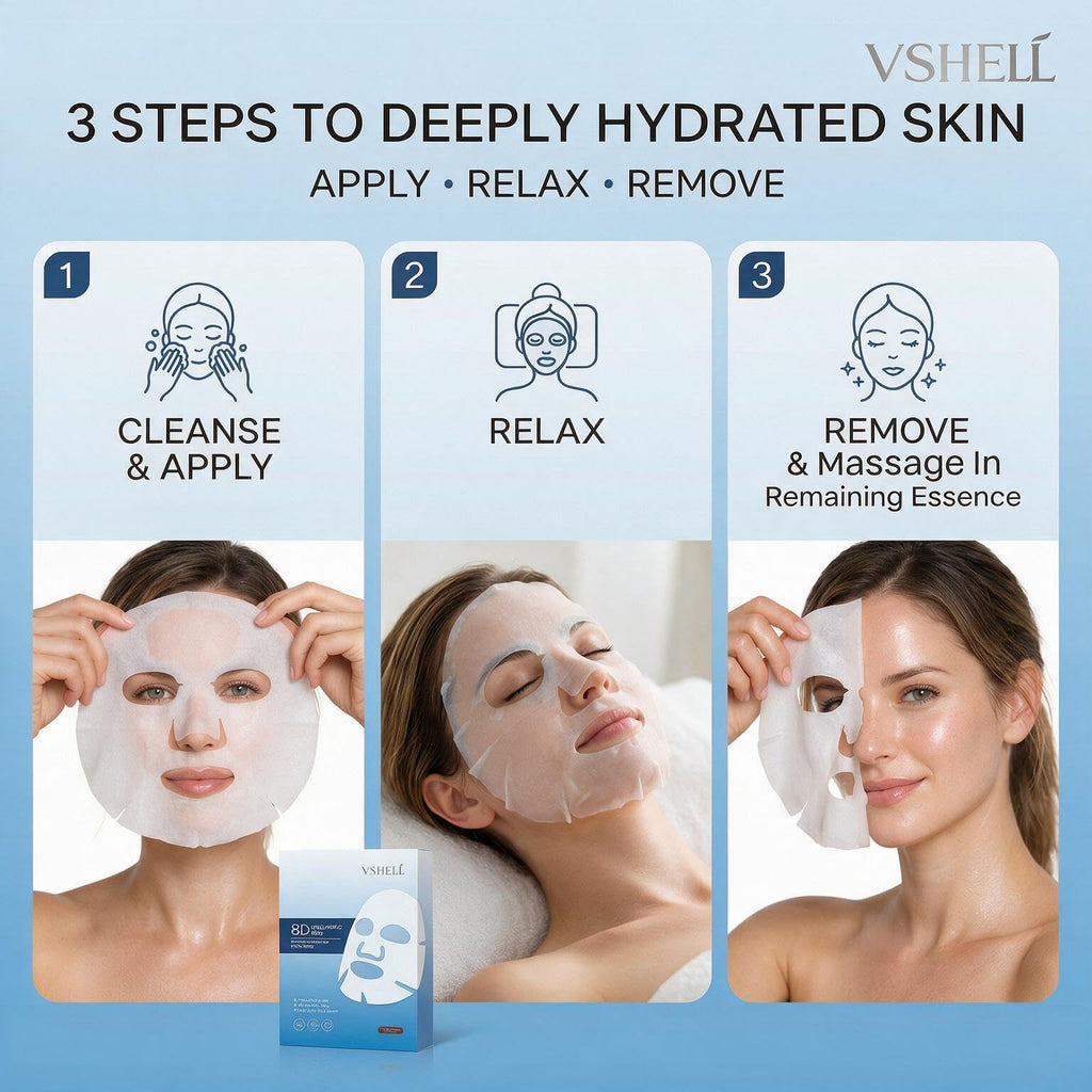 VSHELL Hyaluronic Acid Face Sheet Mask – Hydrating & Plumping Facial Mask for Dry Skin – Deep Moisturizing Skincare for Radiant Glass Skin Glow – Daily Use – 10 Pack