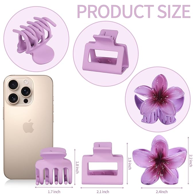 Hair Clips for Women 9 Pack Medium Claw Clips, No Slip Strong Hold Hair Clips for Thick & Thin Hair, Flower Square Aesthetic Styles for Everyday Styling, Trendy Hair Accessories (Purple)
