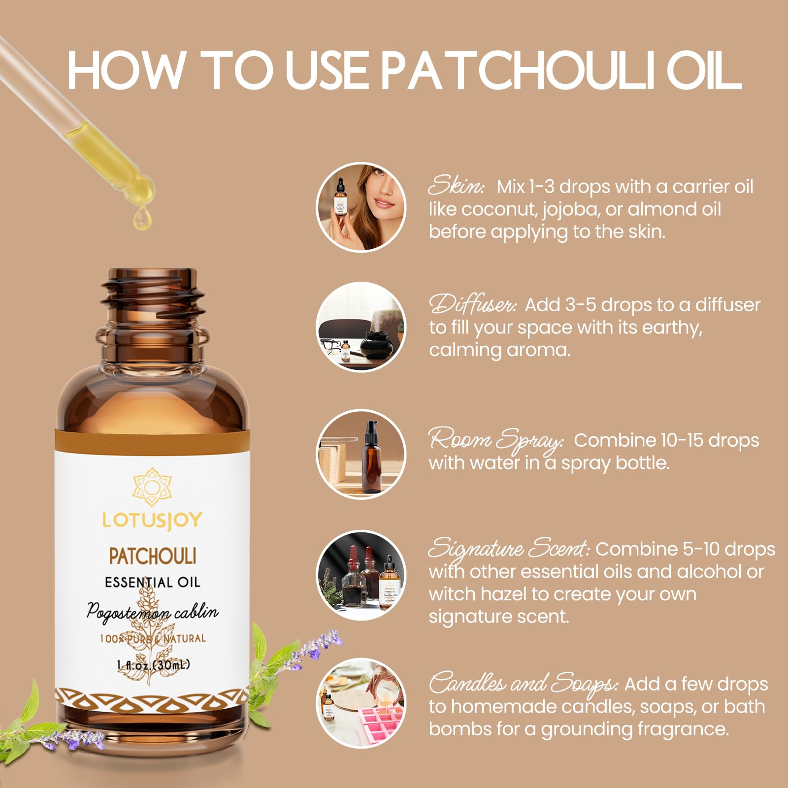 LOTUSJOY Patchouli Essential Oil for Skin Hair Diffuser, 1 Oz