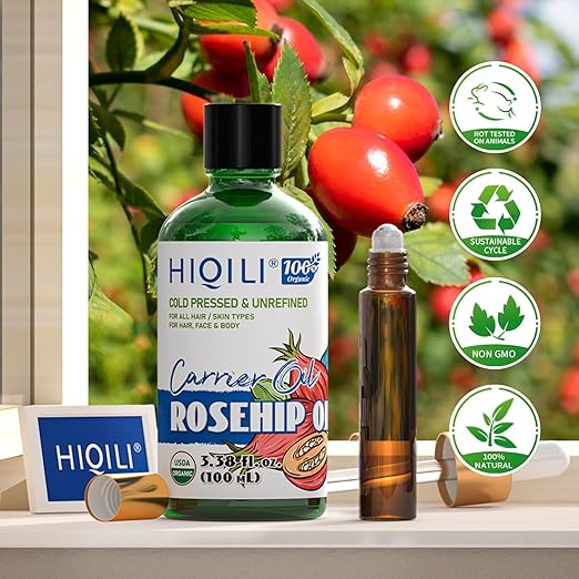 HIQILI Organic Rosehip Seed Oil Cold Pressed for Face Care & Hydrating Skin