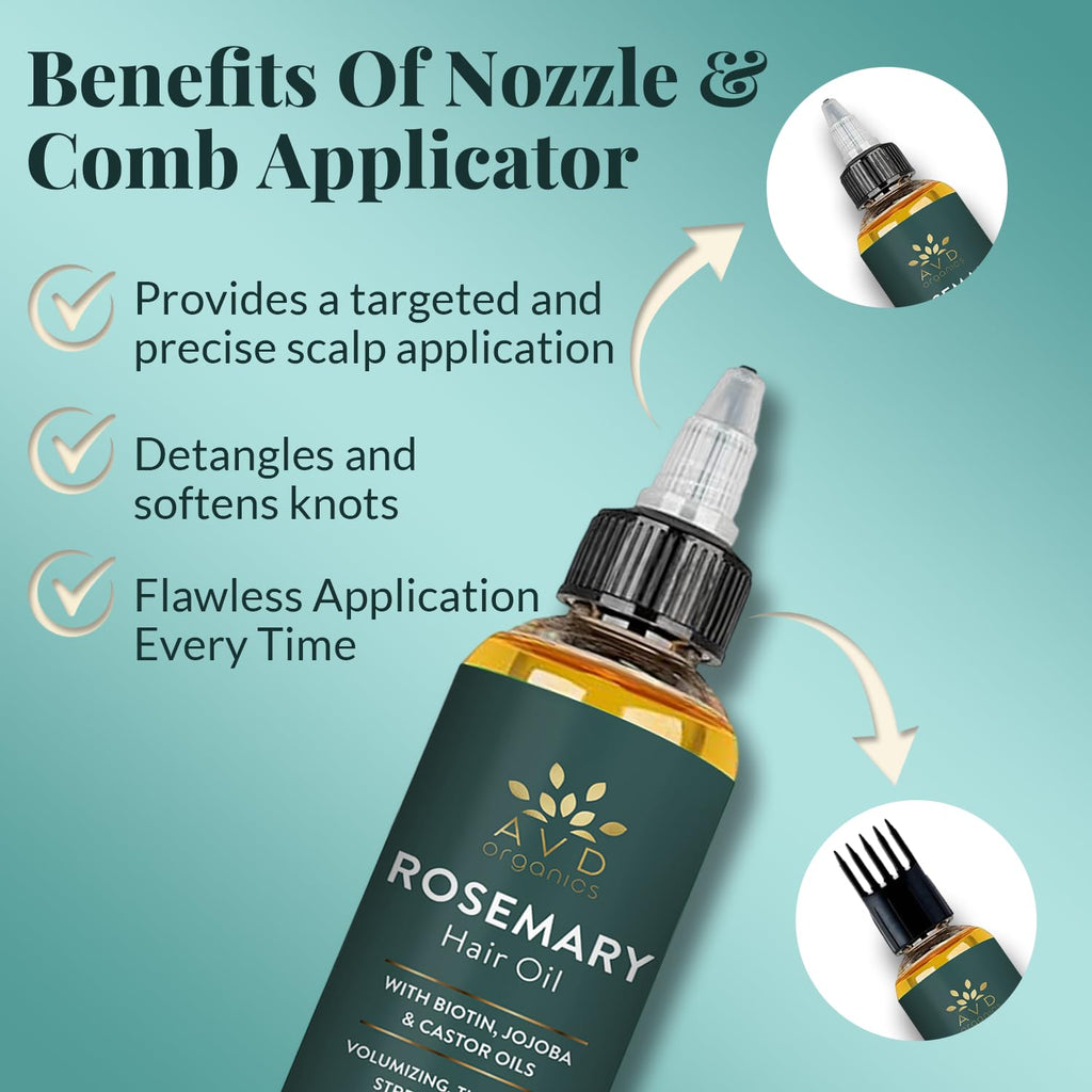 AVD ORGANICS Rosemary Oil for Hair Growth & scalp | Infused with Biotin | Hair Strengthening, Nourishing and Volumizing | infused with Jojoba & Castor Oil | NON - GMO 120ml