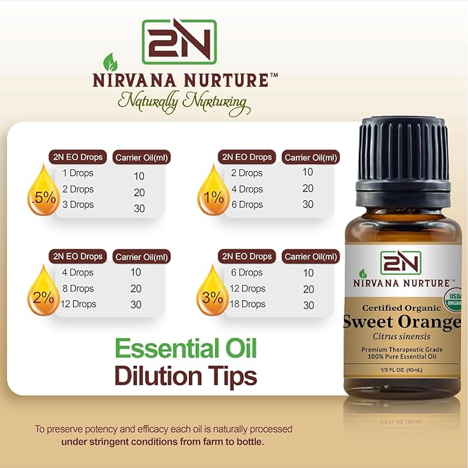 Nirvana Nurture Sweet Orange Essential Oil, USDA Certified Organic, 100% Pure Undiluted, Aromatherapy Oil for Diffuser, Hair & Skin Care