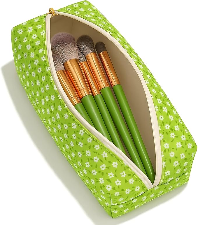 OIMEI Floral Quilted Cotton Makeup Bag for Women, Large Capacity Travel Cosmetic Pouch with Zipper, Cute Toiletry & Brush Organizer, Kawaii Makeup Storage Case – Green Floral
