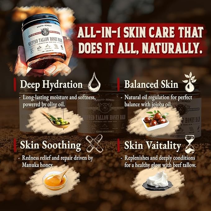 Organic Beef Tallow for Skin & Face - Whipped Honey Balm, Pack of 3 (4 OZ)