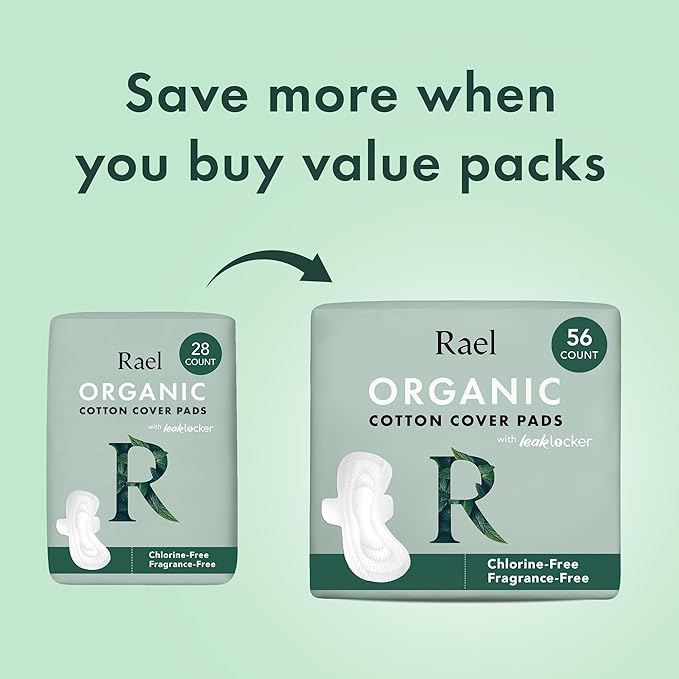 Rael Organic Cotton Cover Pads - Regular Absorbency, Unscented, Ultra Thin Pads with Wings for Women (Regular, 28 Count)