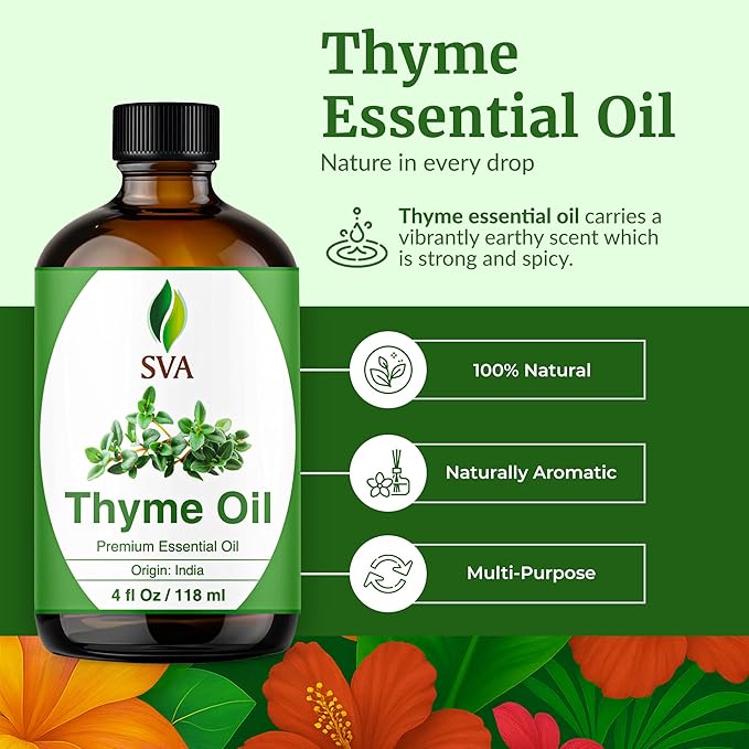 SVA Thyme Essential Oil 4 Fl Oz – for Diffuser, Skin & Hair Care – Ideal for Massage & DIY Blends – with Dropper